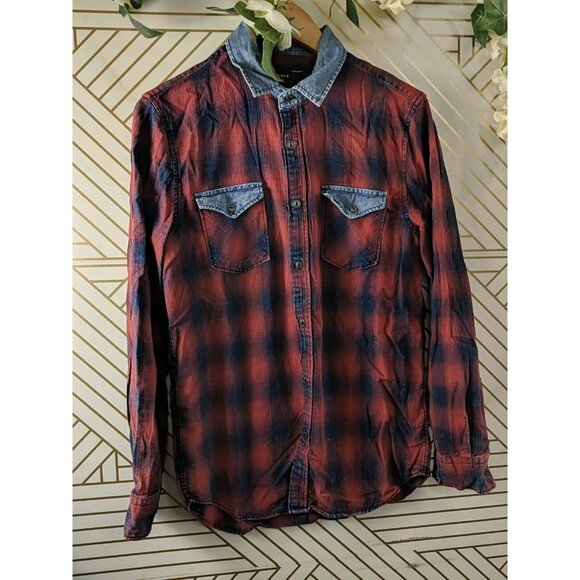 ZARA MAN Men's Plaid Red Blue Button Up Slim Fit Long Sleeve Collar Size Medium - Picture 3 of 7